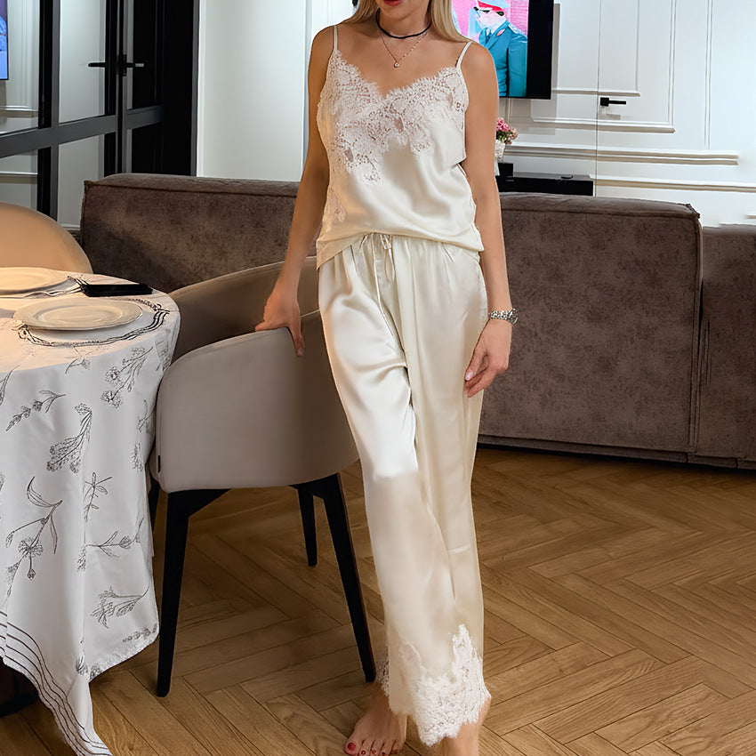Satin Stitching Lace Suspender Trousers Pajamas Casual Outdoor Home Wear for Women