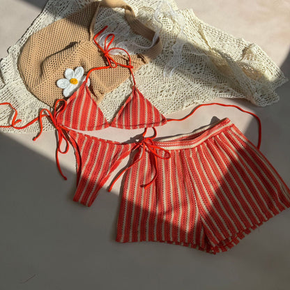 Sexy Lace up Striped Three Piece Swimsuit Bikini