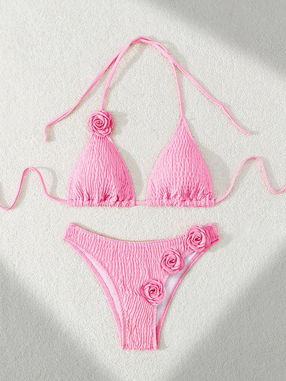 Bandage Sexy Split Swimsuit 3D Three Dimensional Floral Bikini Women Surfing Beach Wear