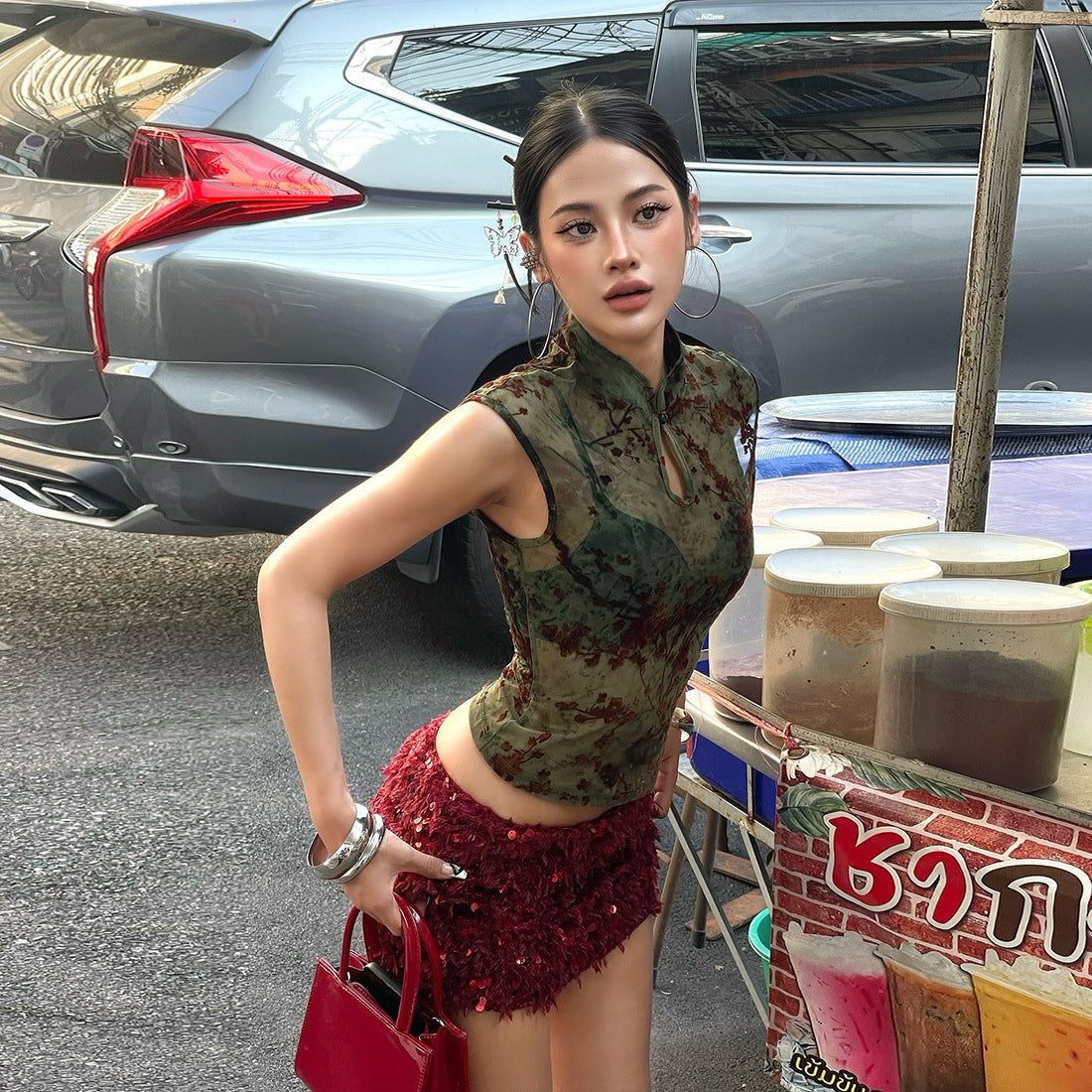 Spring Women Clothing Printed Slim Mandarin Collar Personality See through Sleeveless Waist-Controlled Top