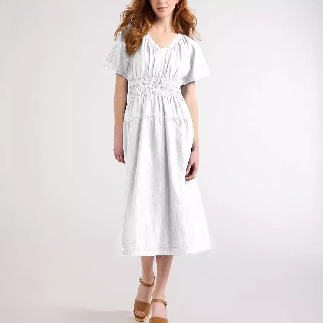 Summer Popular V neck Pleated Waist Tight Slimming Dress Dress