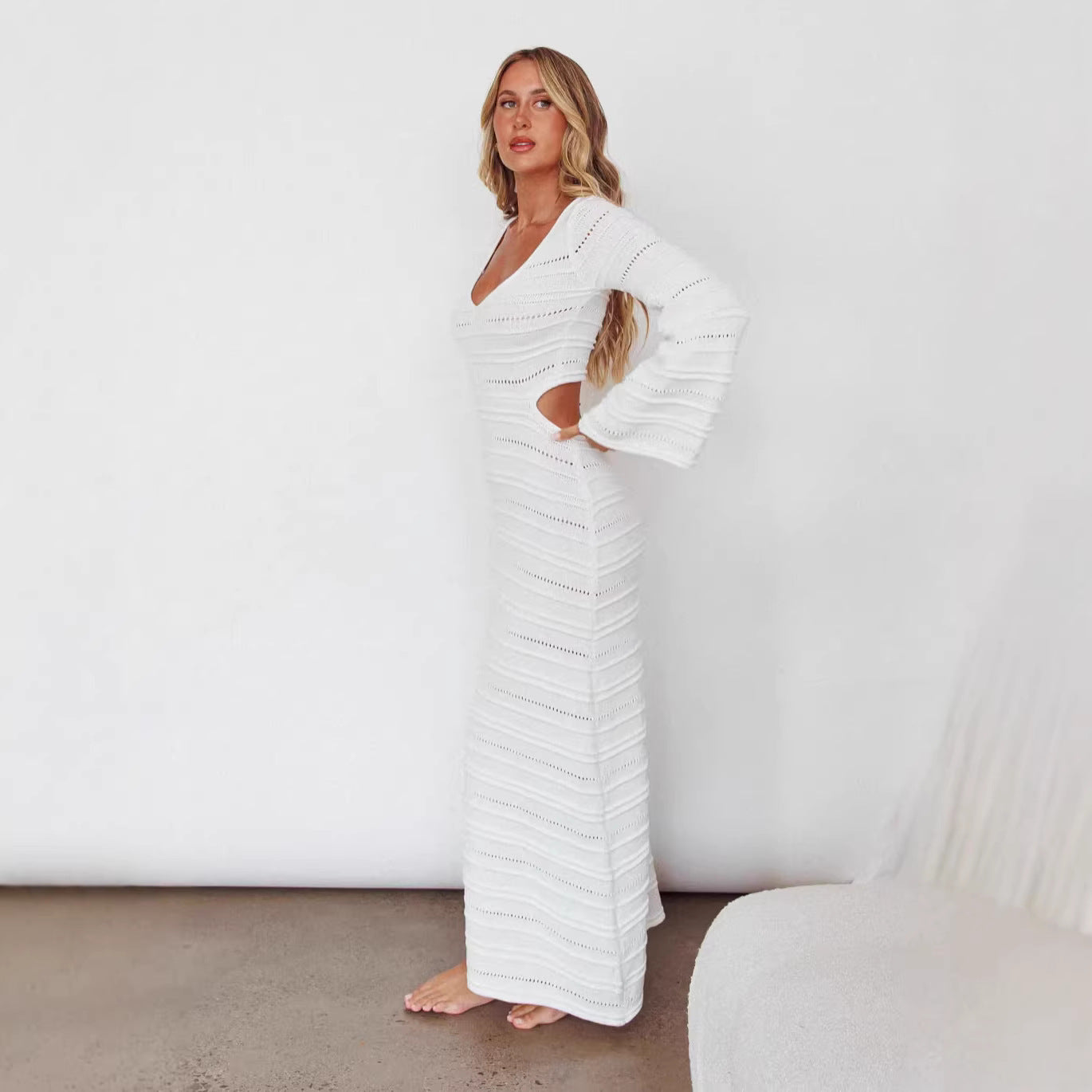 Sexy Women Clothing Sexy Cutout Bell Sleeve Solid Color Knitted Dress Maxi Dress Women
