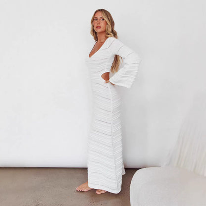 Sexy Women Clothing Sexy Cutout Bell Sleeve Solid Color Knitted Dress Maxi Dress Women