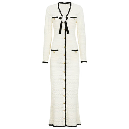 Spring Autumn Fashionable Knitted V neck Floral Slim Fit Slimming Long Sleeves Dress Women