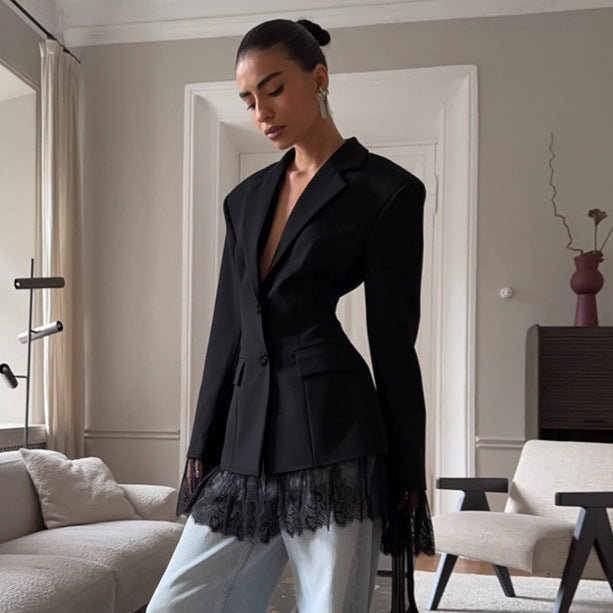 Black Autumn Winter Lace Stitching Office Women Long Sleeve Blazer