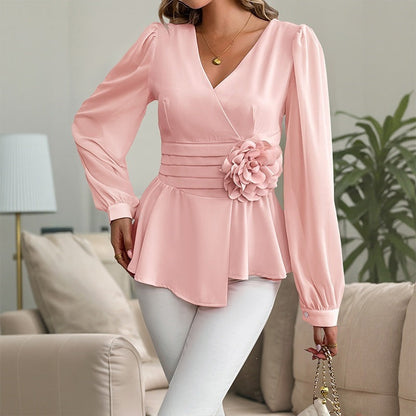 Elegant Office Tight Waist V neck Three Dimensional Printed Shirt Top Women