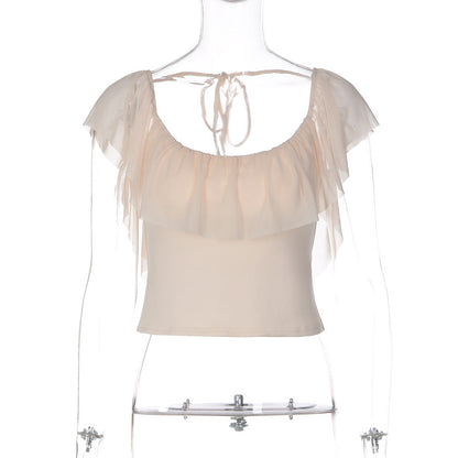 Women Wear Summer Sexy U Collar Lace Stitching Tied Backless Top