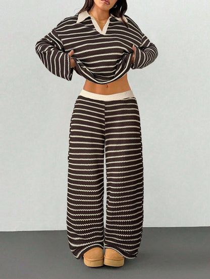 Striped Knitted Contrast Color Lapels V neck Long Sleeved Top Casual Two Piece Sets