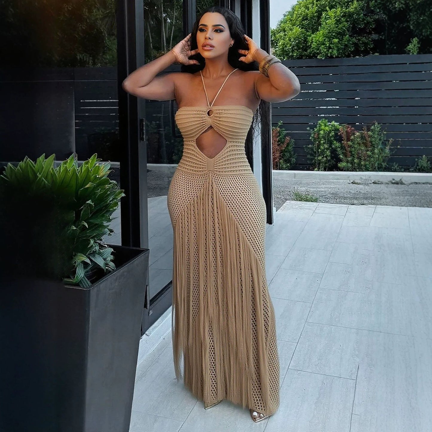 Hollow Out Cutout Bikini Cover Sexy Waist Drawstring Tassel Knitted Beach Dress for Women