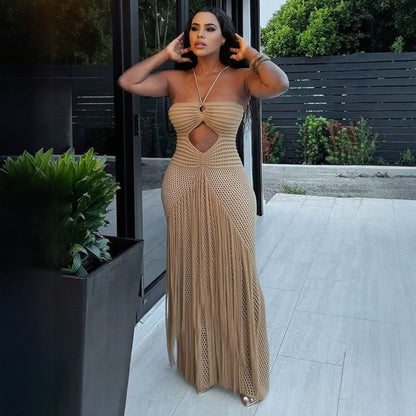Hollow Out Cutout Bikini Cover Sexy Waist Drawstring Tassel Knitted Beach Dress for Women