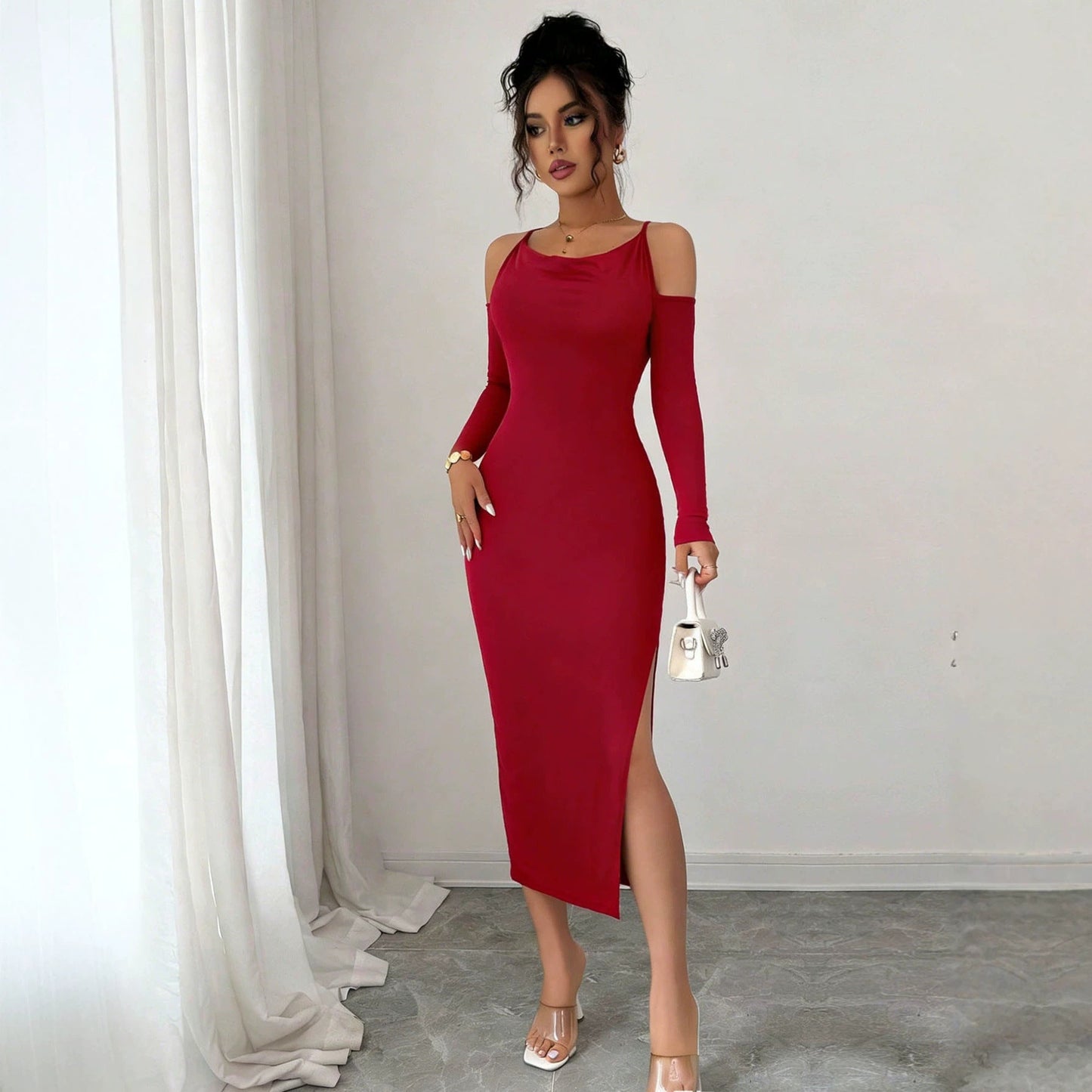 Cross Border Off Shoulder Dress Slimming Slit Bodycon Long Sleeve Formal Mid Length Dress For Banquets