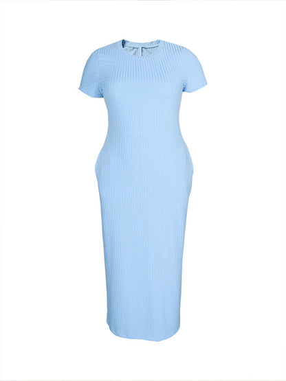 Solid Color round Neck Tight Mid Length Dress Rib Knitted Short Sleeve Slim Dress
