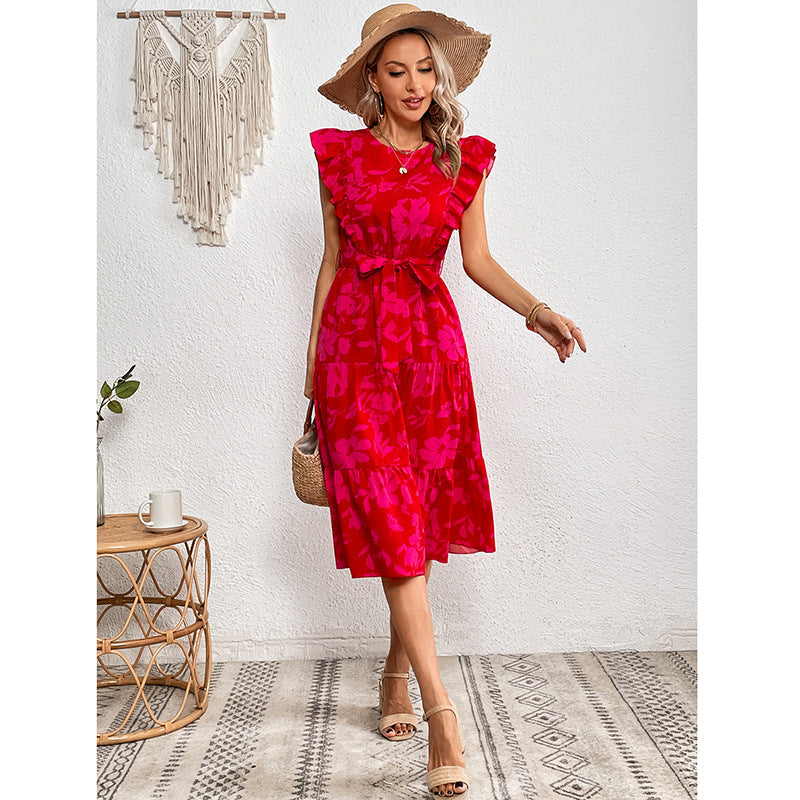 Summer Printed round Neck Ruffled Short Sleeve One Piece Dress for Women