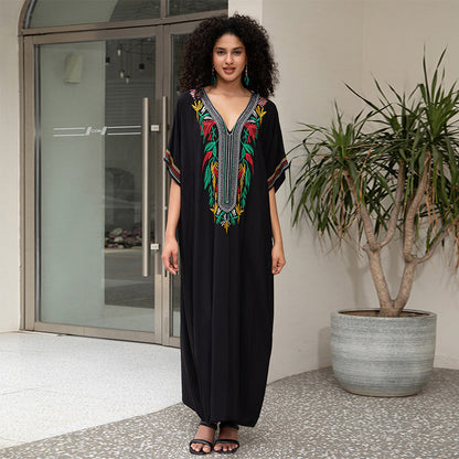 Cotton Embroidered Vacation Beach Blouse Maxi Dress Loose Robe Sun Protection Bikini Cover Up Blouse