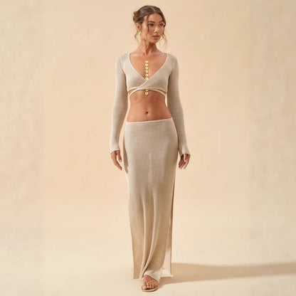Summer Vacation Knitted Two Piece Long Sleeve V neck Top Split Skirt Set Women