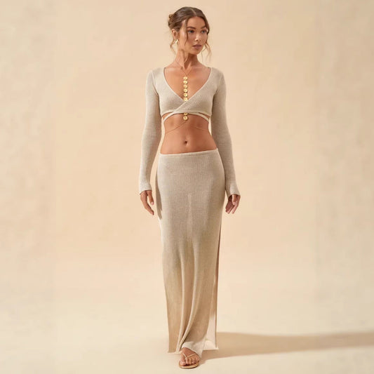 Summer Vacation Knitted Two Piece Long Sleeve V neck Top Split Skirt Set Women