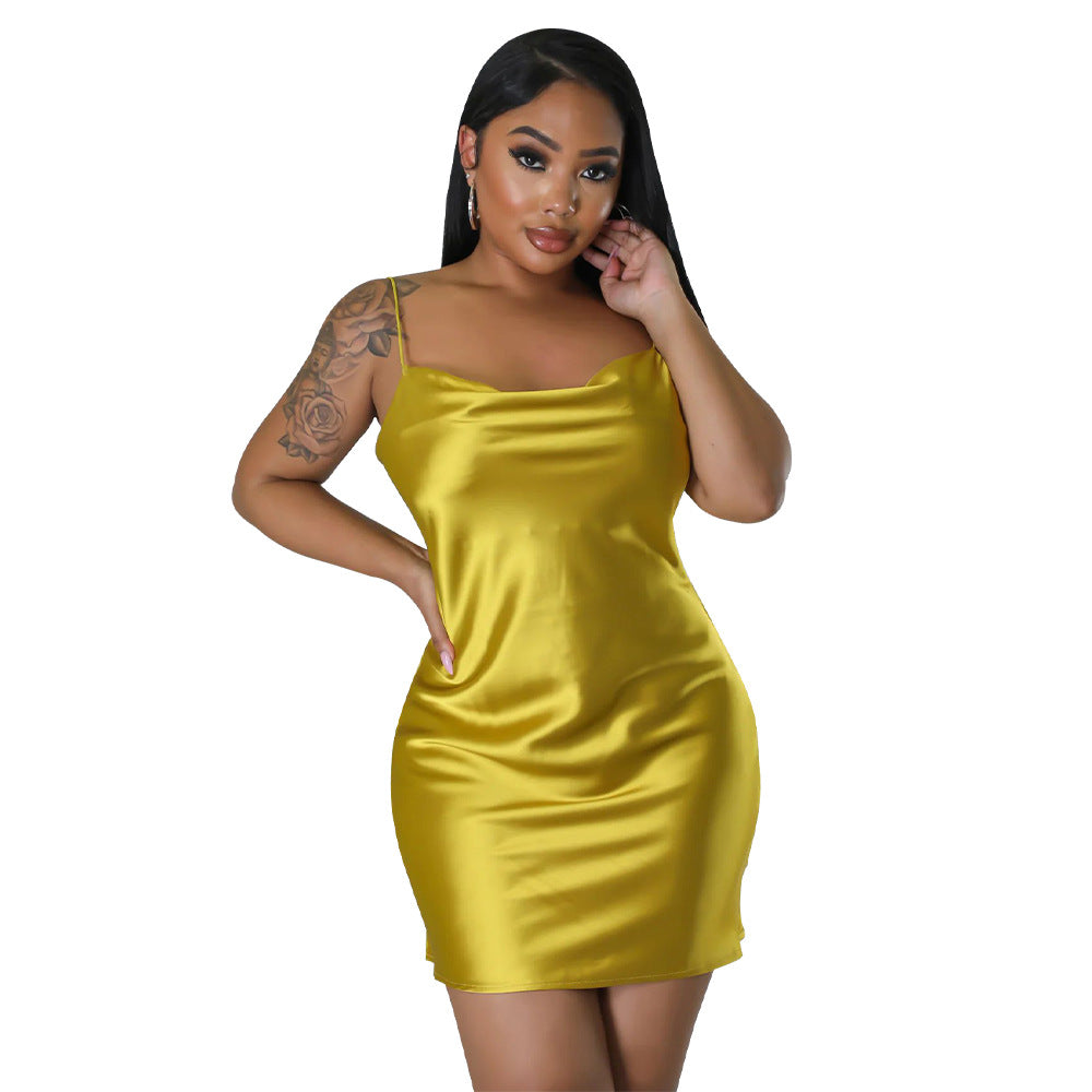 Women Clothing Solid Color Backless Dress Artificial Silk Sexy Swing Collar Sling Dress