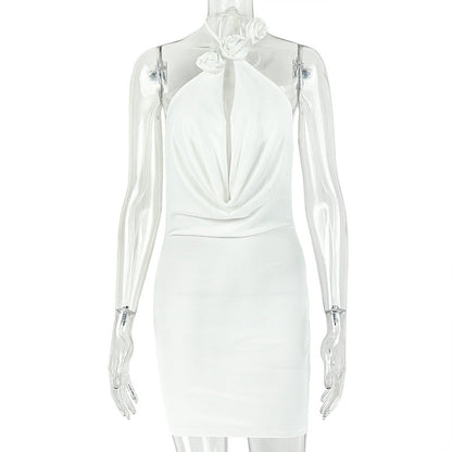 Solid Color Women Slim Fit Street Sleeveless Design Hip Dress Hanging Collar Short Sleeveless Dress