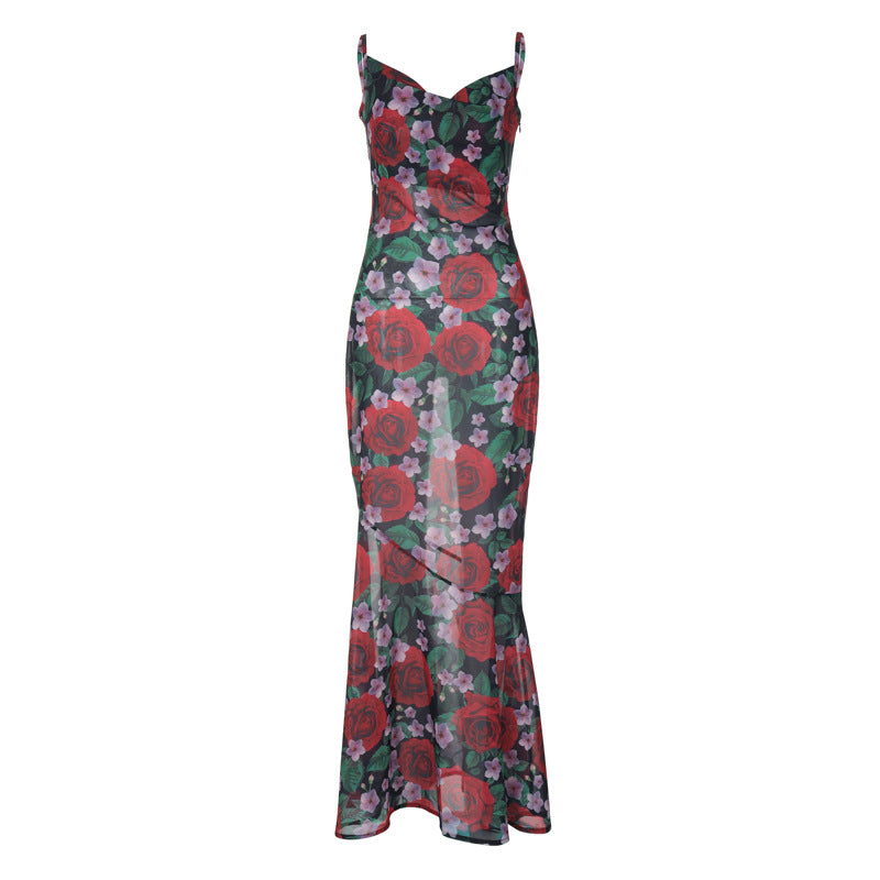 Spring Fashionable Sexy V neck Elegant All Match Slim Fit Long Printed Cami Dress for Women