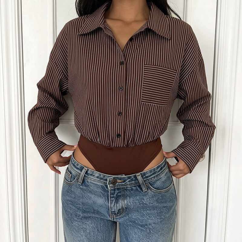 Shirt Jumpsuit Autumn Winter Long Sleeve Striped Stitching Office Casual Jumpsuit Women
