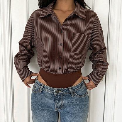 Shirt Jumpsuit Autumn Winter Long Sleeve Striped Stitching Office Casual Jumpsuit Women
