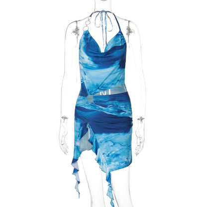 Women Clothing Summer Printing Sexy Backless Lace up Dress