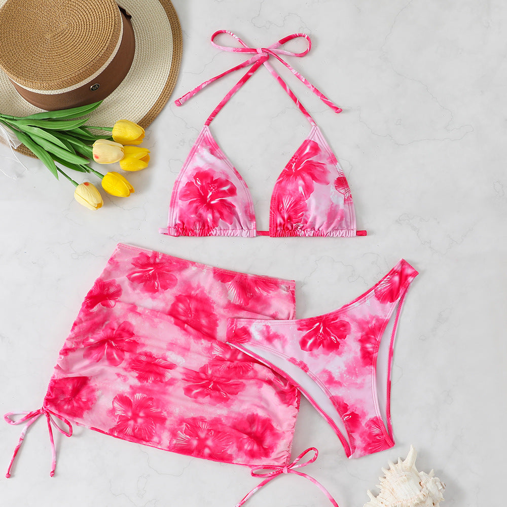Bikini Mesh Drawstring Slim Sexy Slim Printed Bikini Three Piece Sets Swimsuit