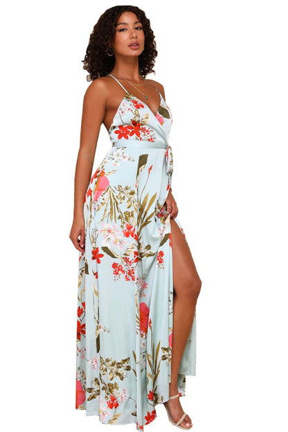 V Cut Spaghetti Strap Floral Print Backless Slit Casual Vacation Beach Commuting Elegant Dress