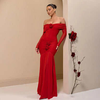 Spring Summer Sexy off The Shoulder Pleated Dress Floral Slim Fit Dress