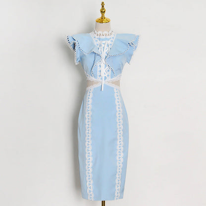 Elegant Women Hip Sexy Solid Color Ruffles Stitching Scheming Hollow Out Cutout out Maxi Dress