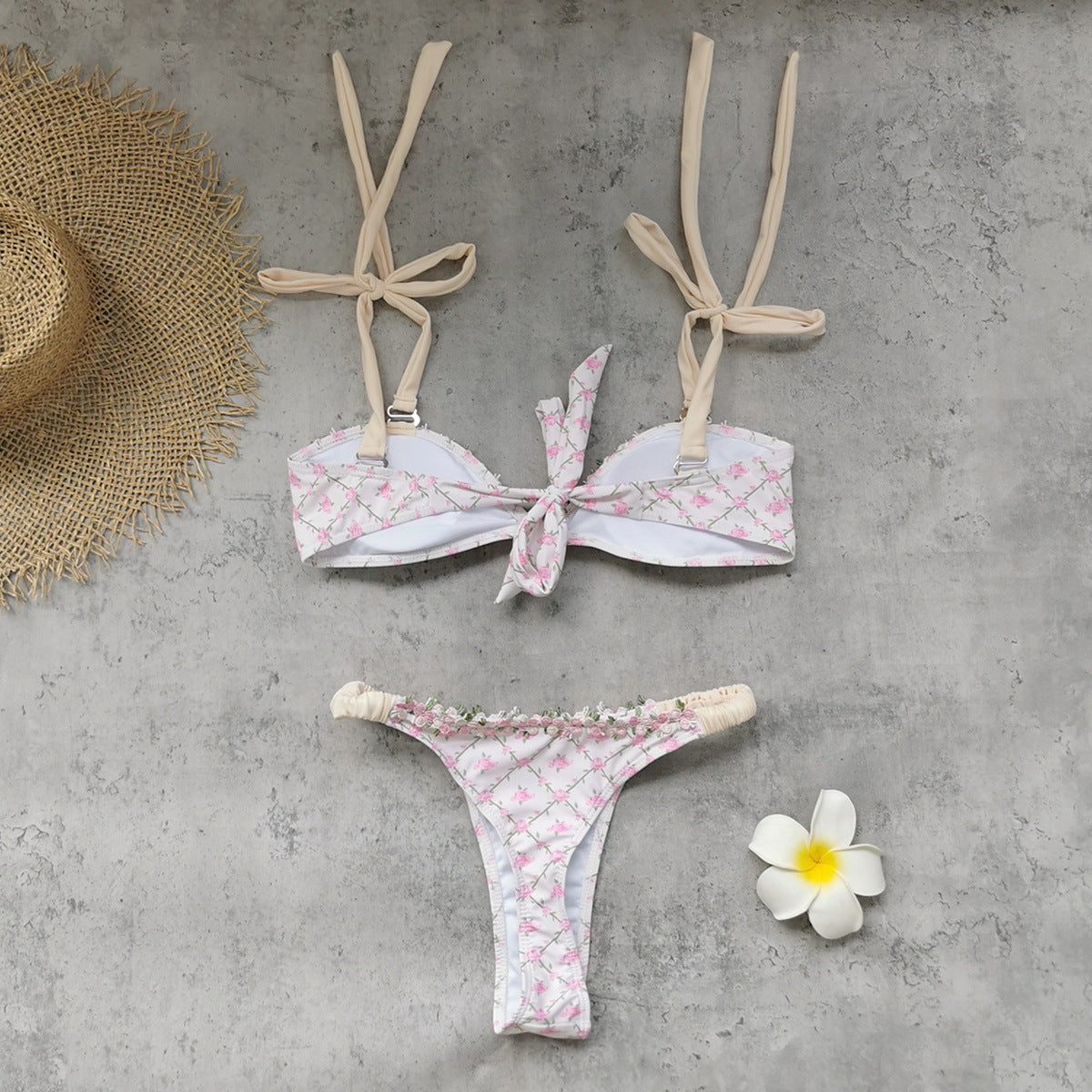 Lace up Tube Top Lace Floral Bikini Sexy Backless Low Waist Split Swimsuit Women Fresh
