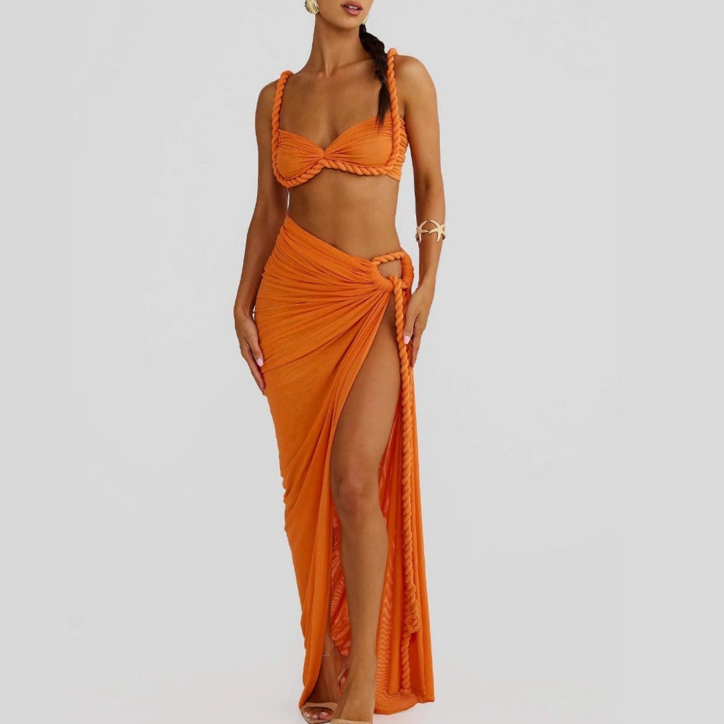 Summer Sexy Beach Vacation Swimsuit Woven Halter Top Top Split Skirt Set