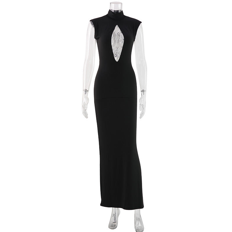 Women Clothing Black Fashionable Slim Fit Figure Flattering Stand Collar Chest Hollow Out Cutout out Mesh Stitching Mop Dress