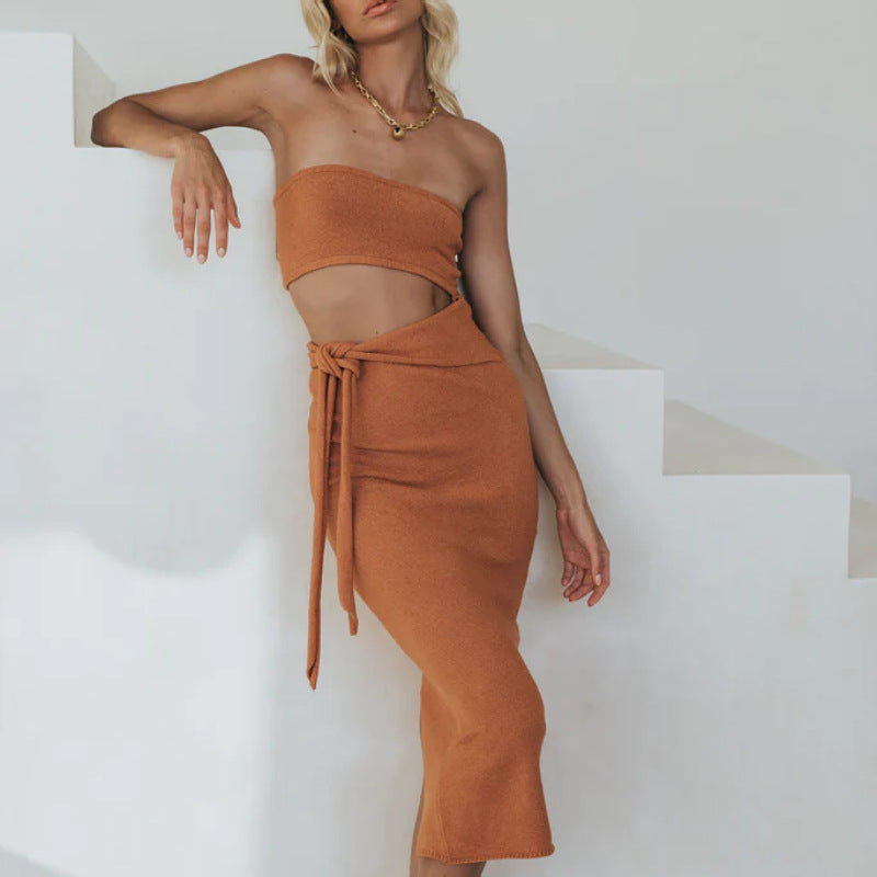 Dress Women Sexy Cutout Backless Tube Top Lace Up Knitted Dress Women