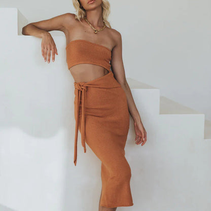 Dress Women Sexy Cutout Backless Tube Top Lace Up Knitted Dress Women