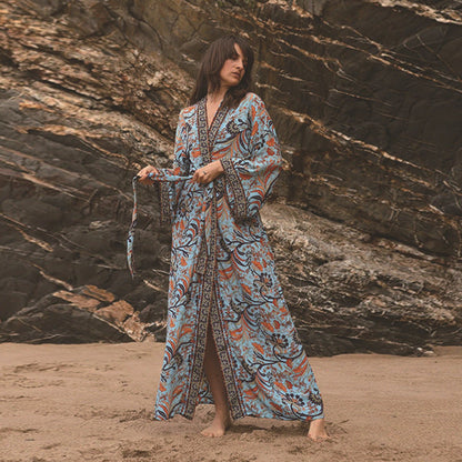 Vacation Beach Coat Rayon Printed Sunscreen Cardigan Vacation Bikini Cover