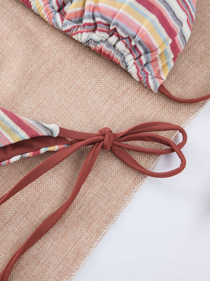 Fresh Color Striped Bikini Swimsuit Overskirt