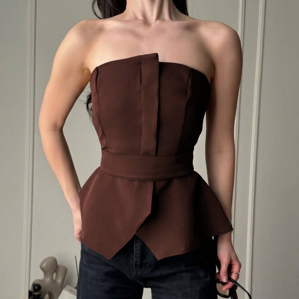 Summer Slim Fit Tied Waist Tube Top Fashionable with Side Slit Vest Women Clothing