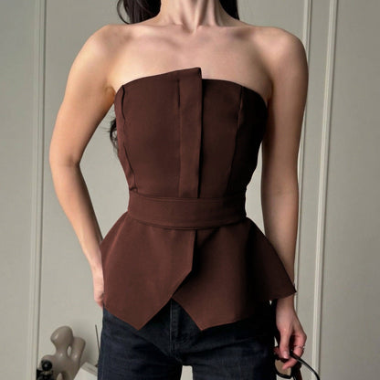 Summer Slim Fit Tied Waist Tube Top Fashionable with Side Slit Vest Women Clothing