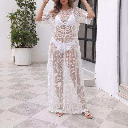 Women Summer Beach Dress Solid Color Sexy Lace Swimsuit Blouse Sun Protective Clothing
