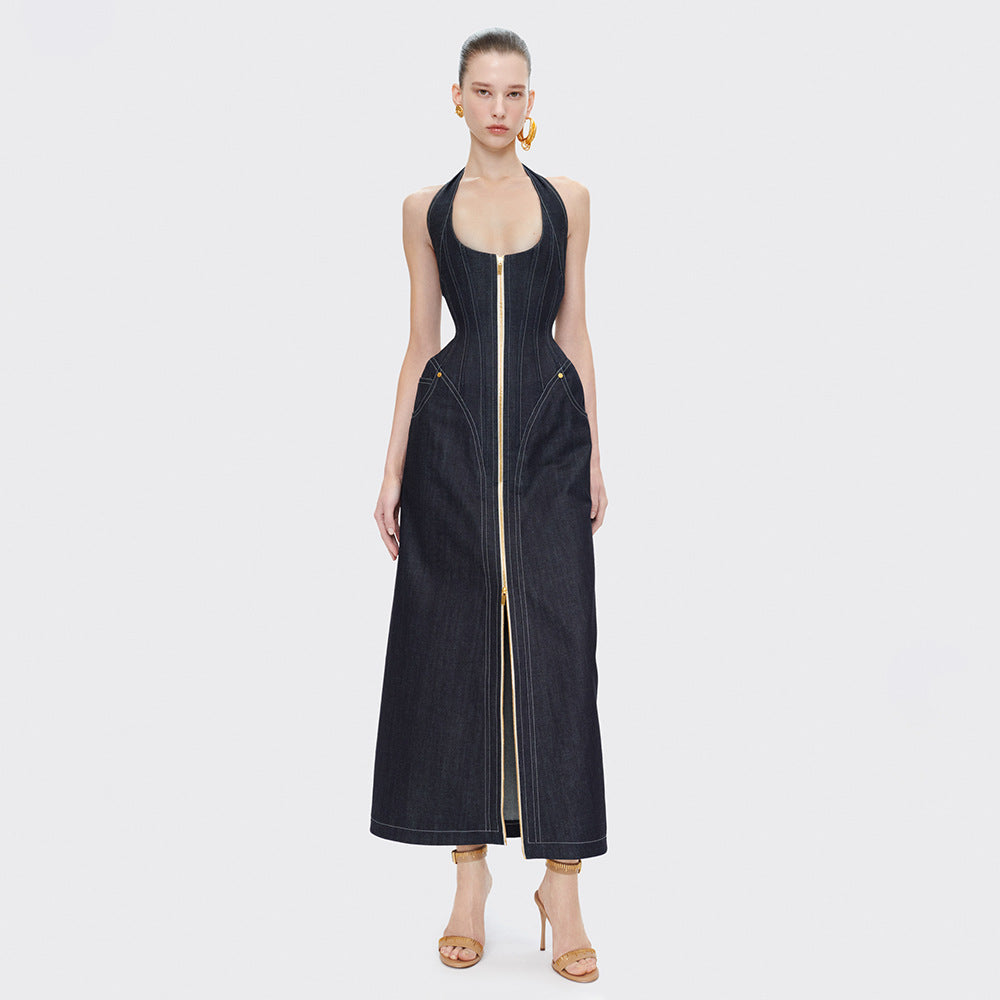 Elegant Solid Color Sleeveless Halter Slim Fit Backless Sheath Dress Denim Summer