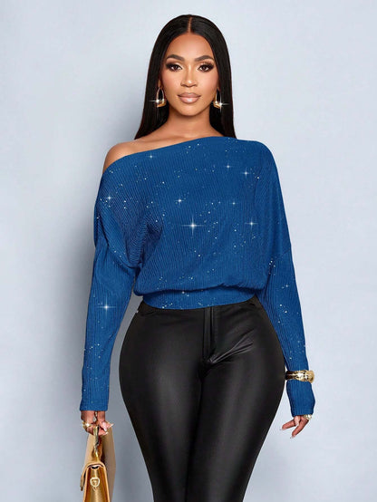 Sloping Shoulder off the Shoulder Sequ Loose Fitting Batwing Sleeve Waist Tight Sweater