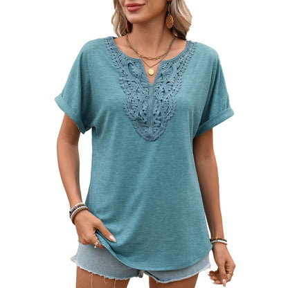 Women Clothing Spring Summer Solid Color V neck Lace Loose Short Sleeve T shirt Top