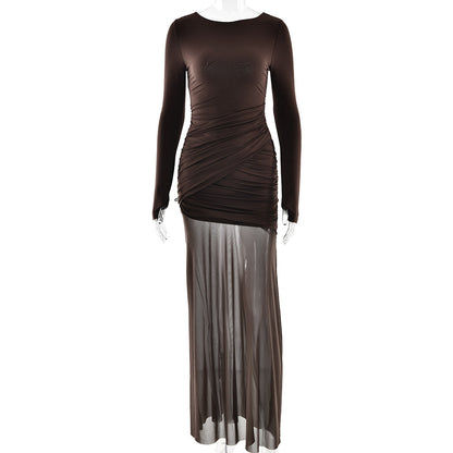 Women Clothing Autumn Winter Voile See through Solid Color Dress Sexy Slim Fit Backless Split Dress