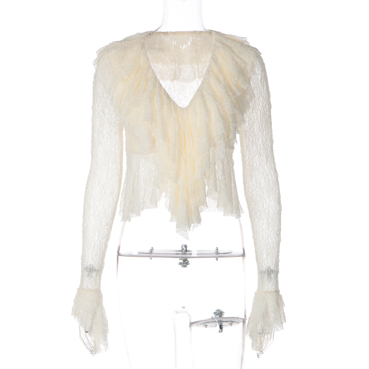 Women Clothing Summer Pure Sexy V neck Lace See through Flare Sleeve T shirt Top