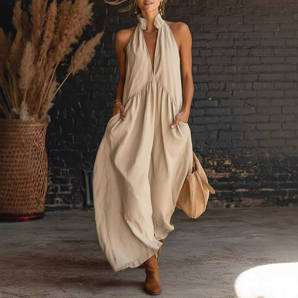 Summer Ladies Sleeveless Stand Collar Solid Color Long Vacation Dress