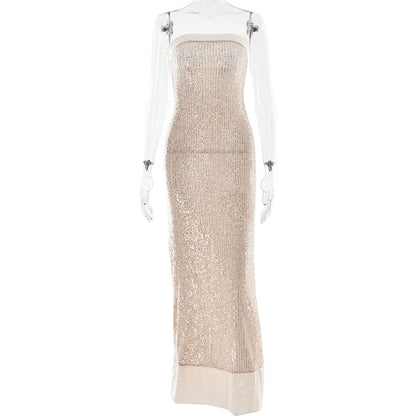Sexy Women Clothing Evening Dress Elegant Bandeau Slim Fit Maxi Dress Sequined Split Backless Dress