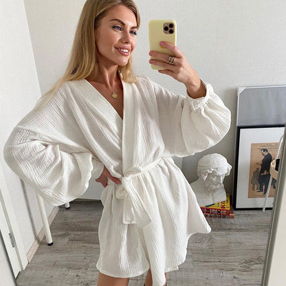 Fall Pure Cotton Long Sleeve Nightgown Shorts Two Piece Sets Pajamas Soft Outerwear Homewear Women