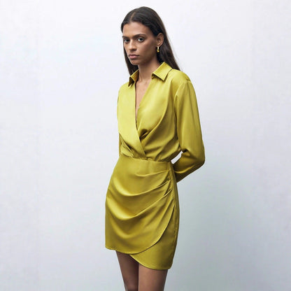 Women Clothing Fall Satin Dress Pleated All Match Satin