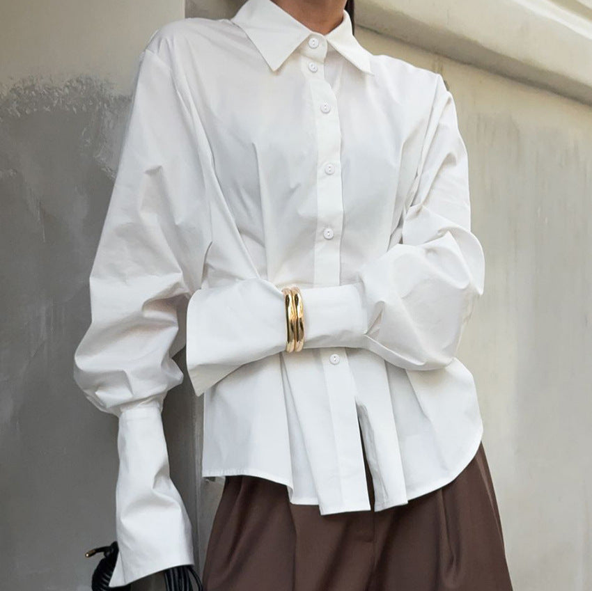 Court White Cotton Shirt Women Light Luxury Pleat Waisted Slim-Fit Long-Sleeved Collared Shirt